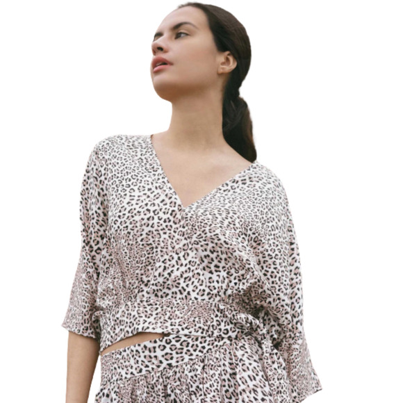 SOURCERY Bea Silk Wrap Top in Leopard Print Side Tie Women's Med/Large - Picture 1 of 6